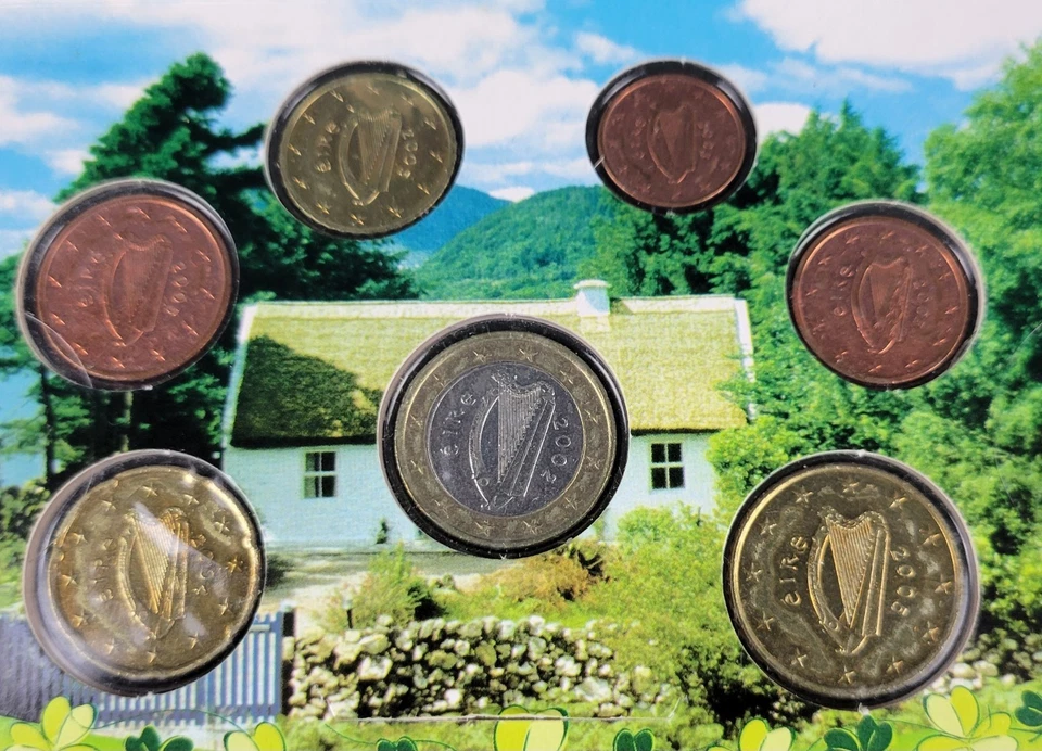 Monedas irlandesas selladas colección de monedas de euro €1 50c 20c 10c 5c 2c 1c fechadas 2002-2005 Foto 3 de 4