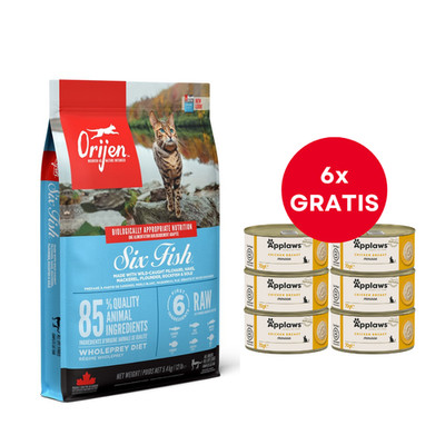 5,4 kg ORIJEN Six Fish Cat jedes Alter getreidefrei +  6x70g Mousse Huhn GRATIS