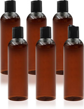 6 Pack 8 oz Amber Plastic Squeeze Bottles with Black Disc Caps Refillable Empty