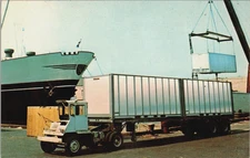 Vintage Fruehauf Container Semi Trailer Truck, at Sea Port Postcard
