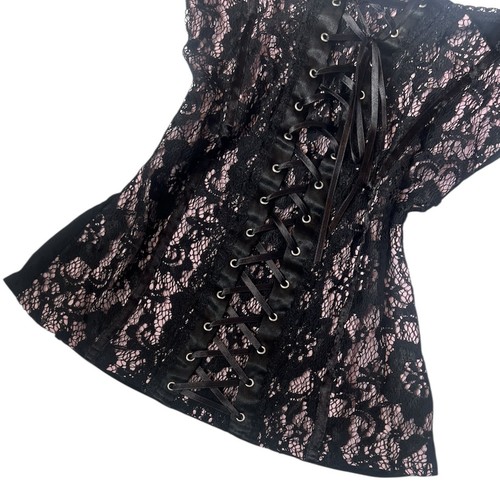 Y2K Jane Norman pink black lace milkmaid sheer mesh sleeve top size 12-14 - Picture 4 of 5