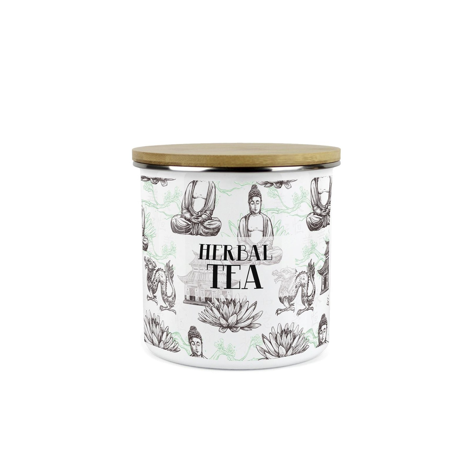 Herbal Tea Storage Canister - Asian Scenes Green Enamel Kitchen Container Gift