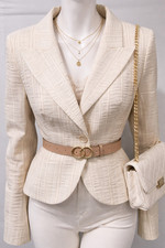CLAUDIA STRATER beige stripe fully lined formal button front short jacket 14