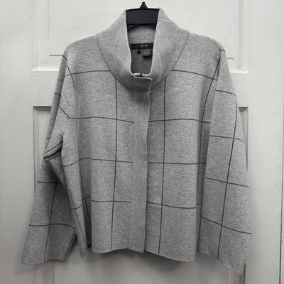 Per Se Gray Windowpane Knit Jacket L Zip Up Minimalist Modern Oversized