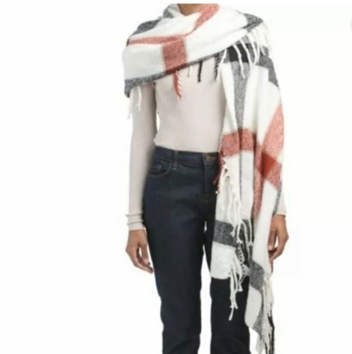 Free People Valley Plaid Print Fringe Scarf Ivory Combo One Size - Picture 3 of 7