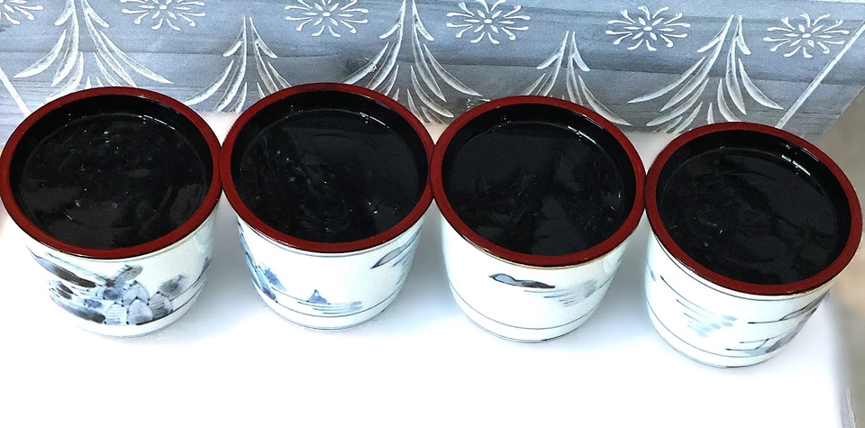 Tazas antiguas japonesas Soba Choko - Juego de 4 con tapas Foto 2 de 4