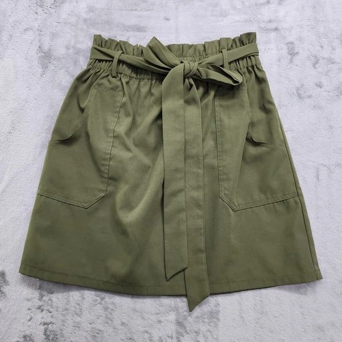 Kancy Kole Skirt Womens M Green Tie Belted Paper Bag High Waist A Line Mini
