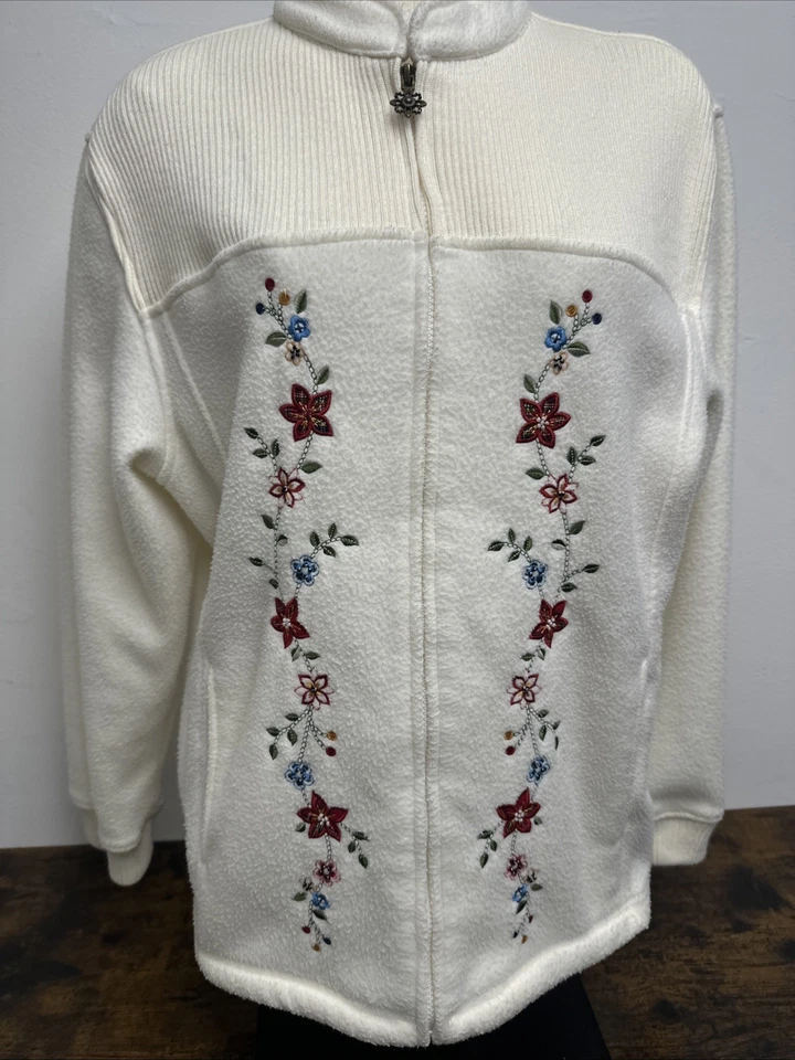 Chaqueta polar Alfred Dunner talla L cremallera completa blanco crema flores bordadas Foto 3 de 4