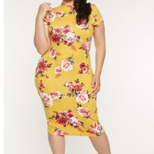 New Women Sz. 1X Yellow Flower Bodycon Dress