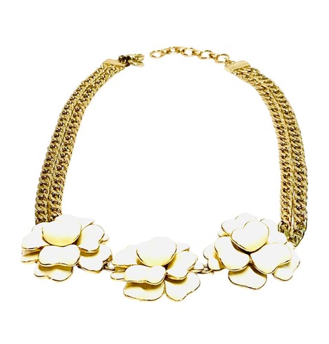 Talbots Necklace & Bracelet Set Ivory White Enamel Flower Gold Tone Curb Link - Picture 11 of 24