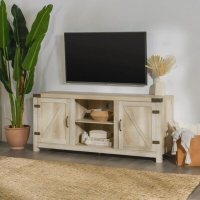 Woven Paths Modern Farmhouse Barn Door TV Stand for TVs up to 65'', White Oak