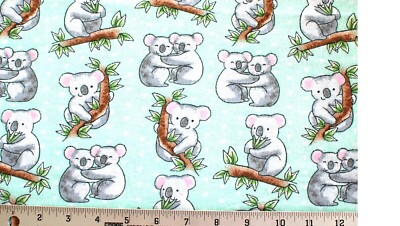 BTY*CUDDLING BABY KOALA BEARS ON MINT FLANNEL 100% COTTON FABRIC 1 YD 42X36''