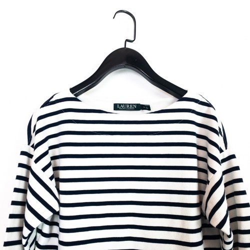 Lauren Ralph Lauren White Navy Stripe 3/4 Sleeve Boat Neck Rib Blouse - Size S - Picture 14 of 23