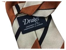 DRAKE’S LONDON Men’s Lined Tie Lined Stripe Ecru/Leather/Black MADE IN ENGLAND
