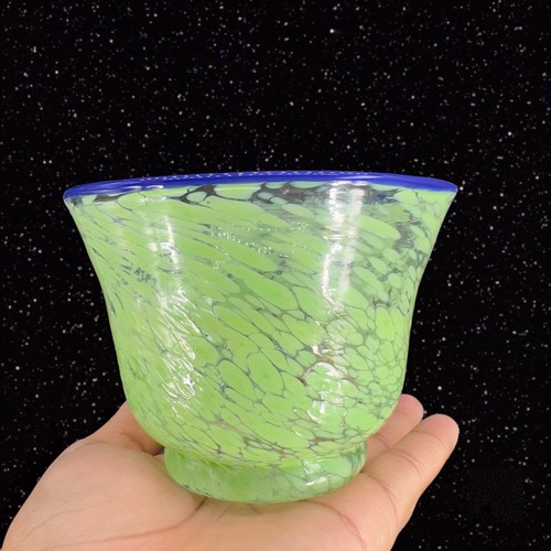 Hand Blown Art Glass Bowl Dish Green Specks Blue Top Hand Made Glass 3.25"T 5"W - Picture 10 of 13