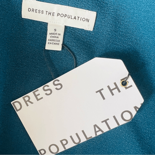 DRESS THE POPULATION Abito Corey, Vestibilità e Svasato, Blu/Verde Pino, Small 4/6, Nuovo con etichette - Foto 9 di 16
