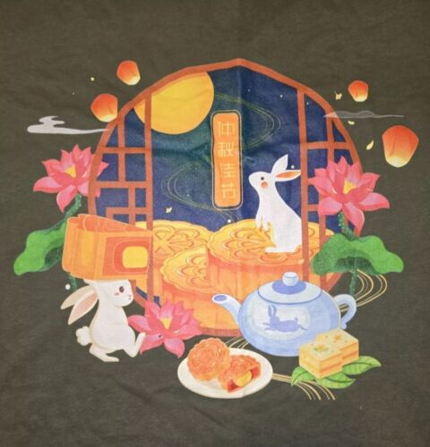 Asian Theme Rabbits and Tea Graphic T-Shirt Women XXL Green - Picture 2 of 3