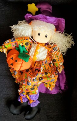 Vintage 80s Plush Doll Friendly Witch Halloween Shelf Sitter w pumpkin Lg