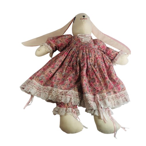 Handmade Primitive Floppy Ear Bunny Rabbit Rag Doll Pink Dress Folk Art 26" - Picture 11 of 22