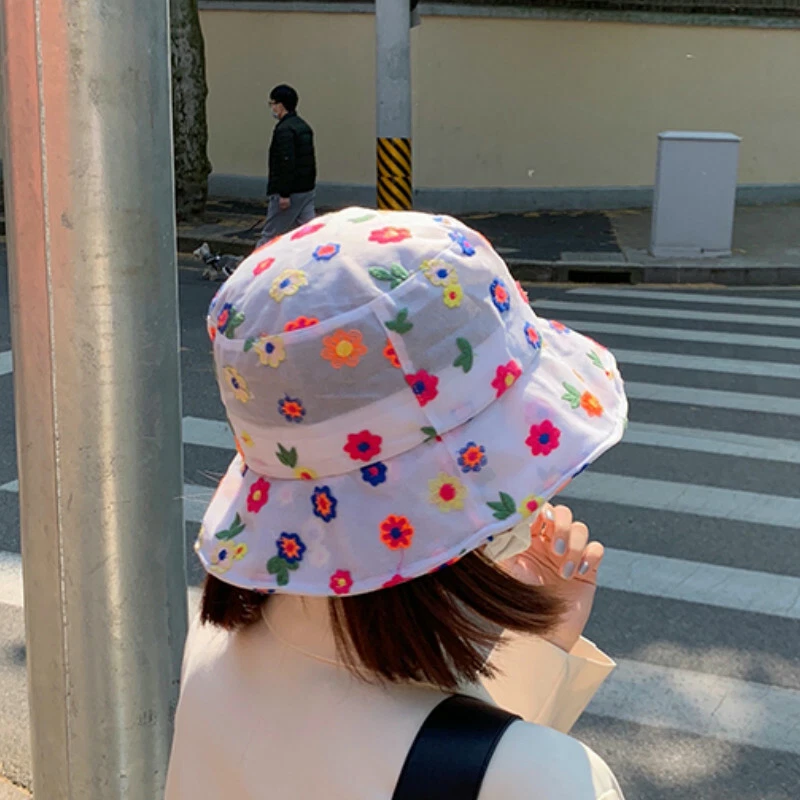 Cute Girl Floral Bucket Hat Mesh Fishing Bush Cap Embroidery Summer Beach  Sun