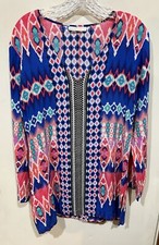 La Blanca Geo -Print V-Neck Long Sleeve Swim Cover Up Tunic Beach Dress Size M/L