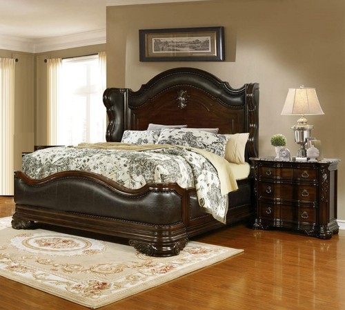 Formal Vintage 3pc Luxury King Size Wing Bed 2x Nightstand Bedroom Set Brown