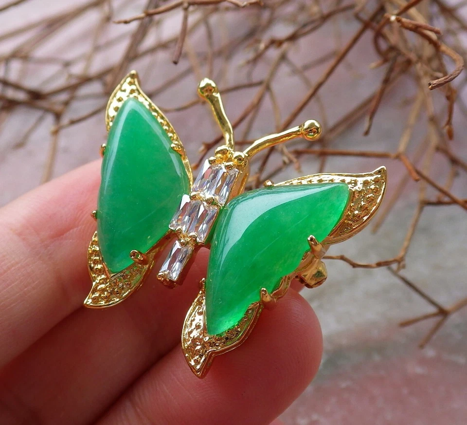 Broche broche mariposa JADE verde placa oro amarillo imitación diamante 300241 Foto 2 de 4