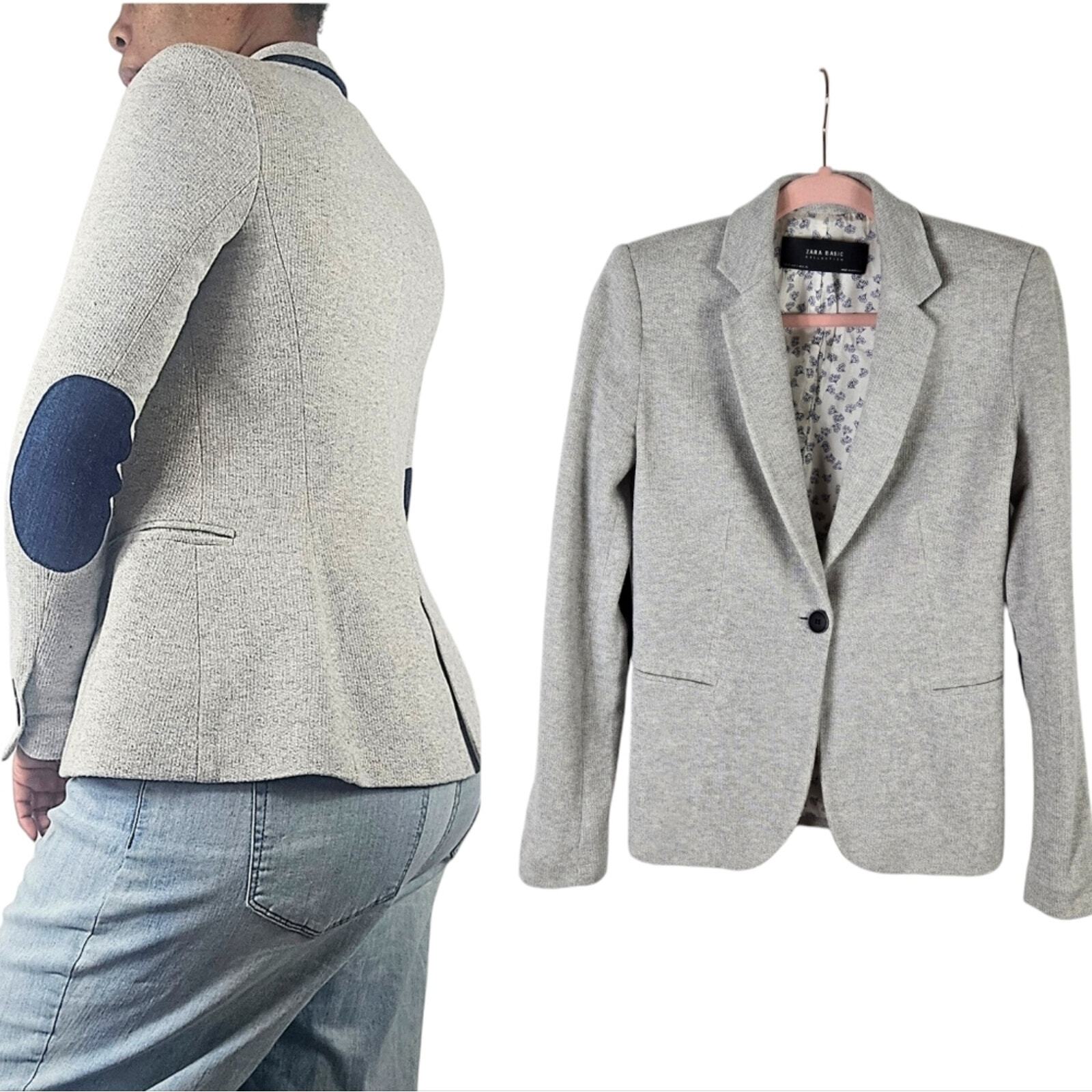 Zara Single Buttoned Denim Elbow Patch Grey Blazer
