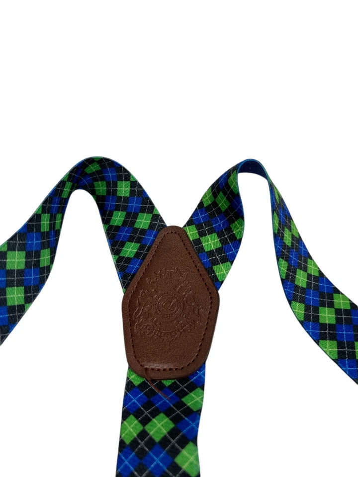 Tirantes Hombre Cuero Rojo Multicolor Cuadros Botón Lazo. Foto 2 de 3