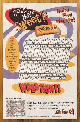 2000 Juicy Fruit Gum Vintage Print Ad/Poster 00s Kid Word Search Candy Pop Art