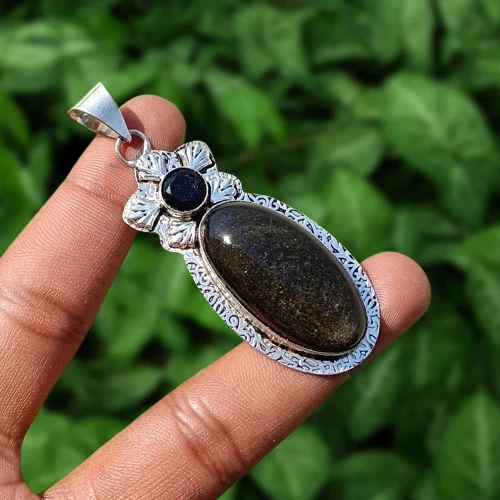 Natural Black Obsidian & Mix Gemstone 2 Stone Pendant 925 Silver Plated Jewelry - Image 2 of 4