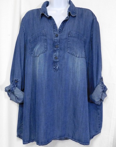 Indigo Chambray 1/4 Button Tunic Plus 1X Roll Up Sleeve Lyocell Shirt Top - Picture 4 of 9