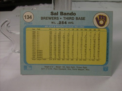1982 Fleer Baseball #134 - Sal Bando - Milwaukee Brewers 82-933 - Picture 2 of 2