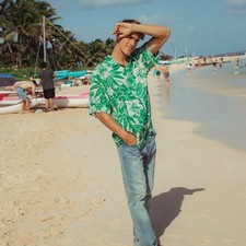 Jams World Mens M Retro Shirt Koa Green Hawaiian Aloha Tropical Rayon Floral