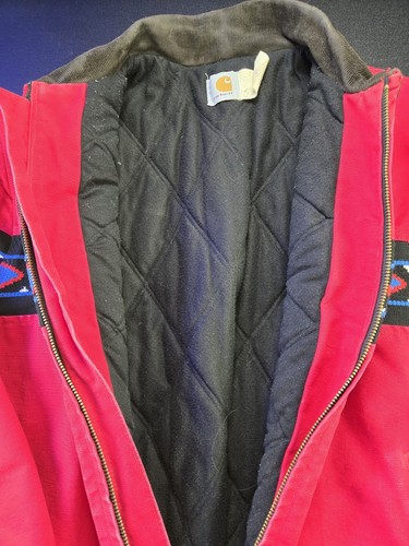 90s Carhartt Rare Red Rojo Aztec Navajo Detroit Jacket JQ030, Sz L 24x28.5" - Picture 13 of 18