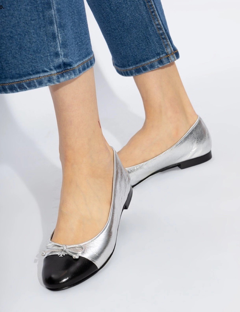 Tory Burch Silver /Black Leather Cap Toe Double T Bow Ballet Flats