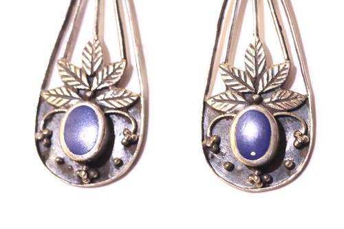 925 Sterling Silver blue Lapis lazuli dangle earrings estate vintage leaf 4.5g - Picture 5 of 9