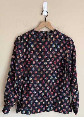 Vintage Silk Blouse Ann May Geometric Print Womens Size XS Secretary