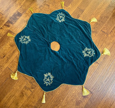 Christmas Tree Skirt Green Velvet with Gold Cording and Tassles Embroidered 50"