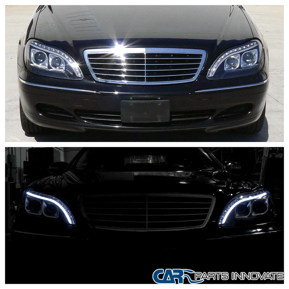 Black Fits 1998-2006 Mercedes W220 S320 S500 S600 LED Strip Projector Headlights Foto 4 de 4