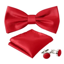 Men's Solid Color Bow Tie Set Pre-tied Pocket Square Cufflink Gift Box