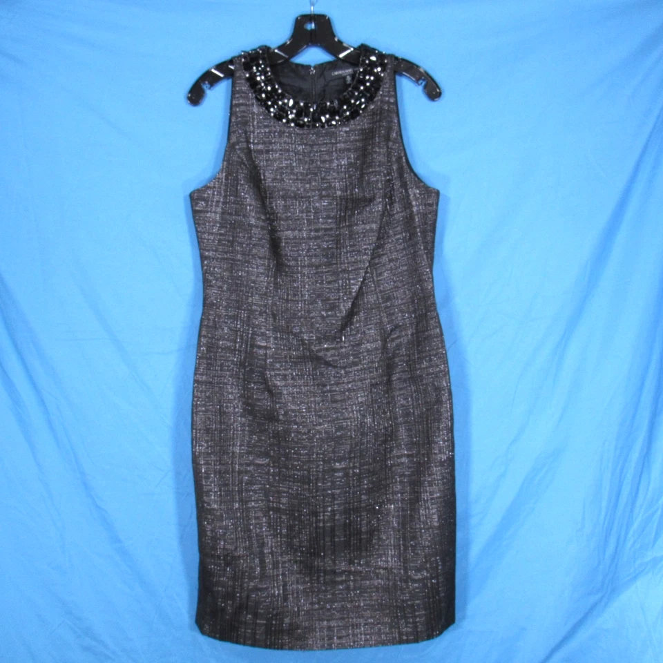 CARMEN MARC VALVO 黑色金属银色纹理串珠夹克/紧身连衣裙 10 — 第 3/4 张图片