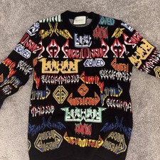 Gucci Men's Black Multicolor Logo Graphic Knit Wool Pullover Sweater Size M