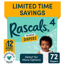 Rascals Premium Absorbent Baby Diapers Size 4, 72 Count Free Shipping