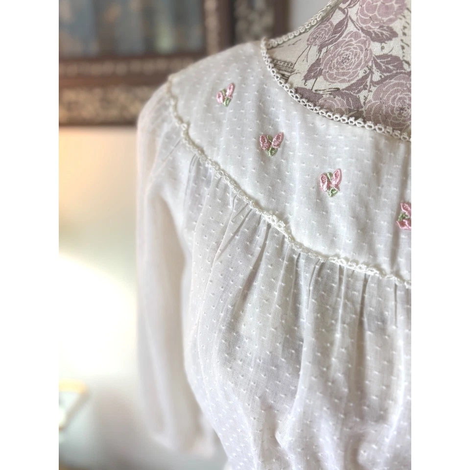 Vestido Vintage Blanco Punto Suizo Floral Bordado Manga Abullonada Cinturón Midi Talla 0 XXS Foto 2 de 4