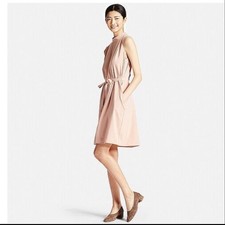 Uniqlo Crepe Tuck Dress Pink Beige Sleeveless Ribbon New
