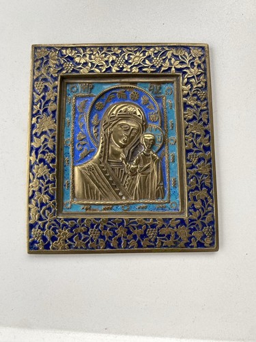Metallikone Russisch Gottesmutter Hodegetria von Kazan dreifach emailliert 19 Jh - Bild 1 von 2