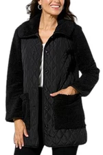 Nina Leonard Women's Collared Sherpa & Quilted Front Coat Black