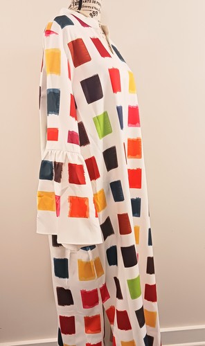Stylewe Dress Womens 2XL White Multicolor Square Print Long Sleeve Maxi Boho Art - Picture 4 of 7