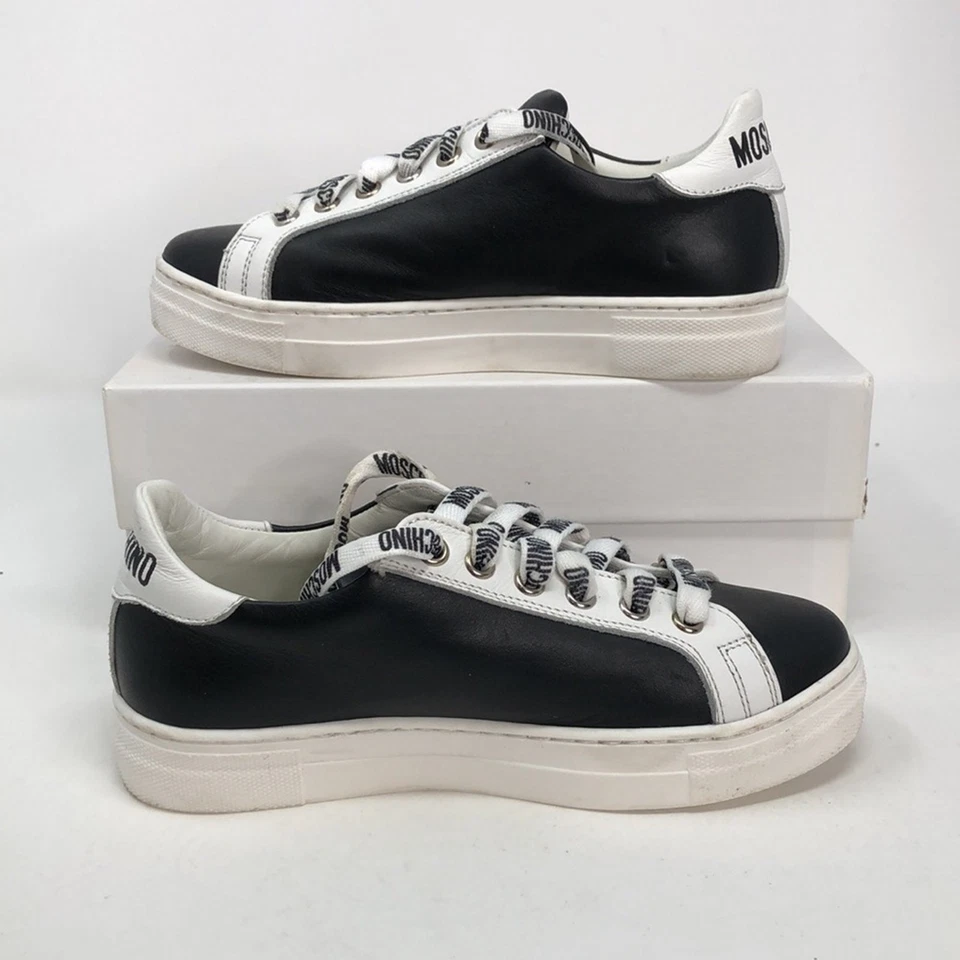 Moschino Teen Negro Blanco Oso de Peluche Logo 65700 Tenis de Cuero - Talla 1.5Y Foto 2 de 4